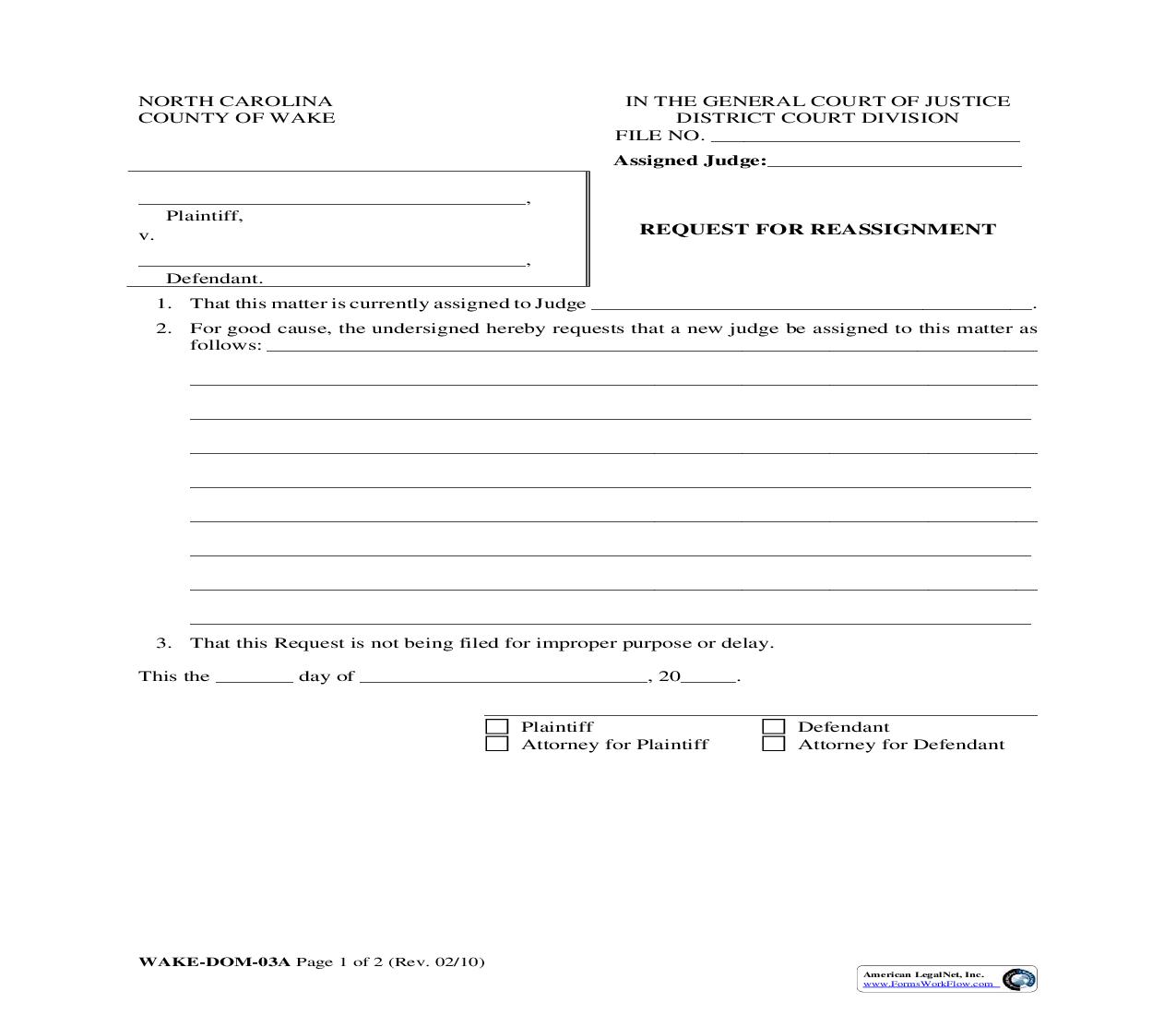 Request For Reassignment {WAKE-DOM-03A} | Pdf Fpdf Doc Docx | North Carolina