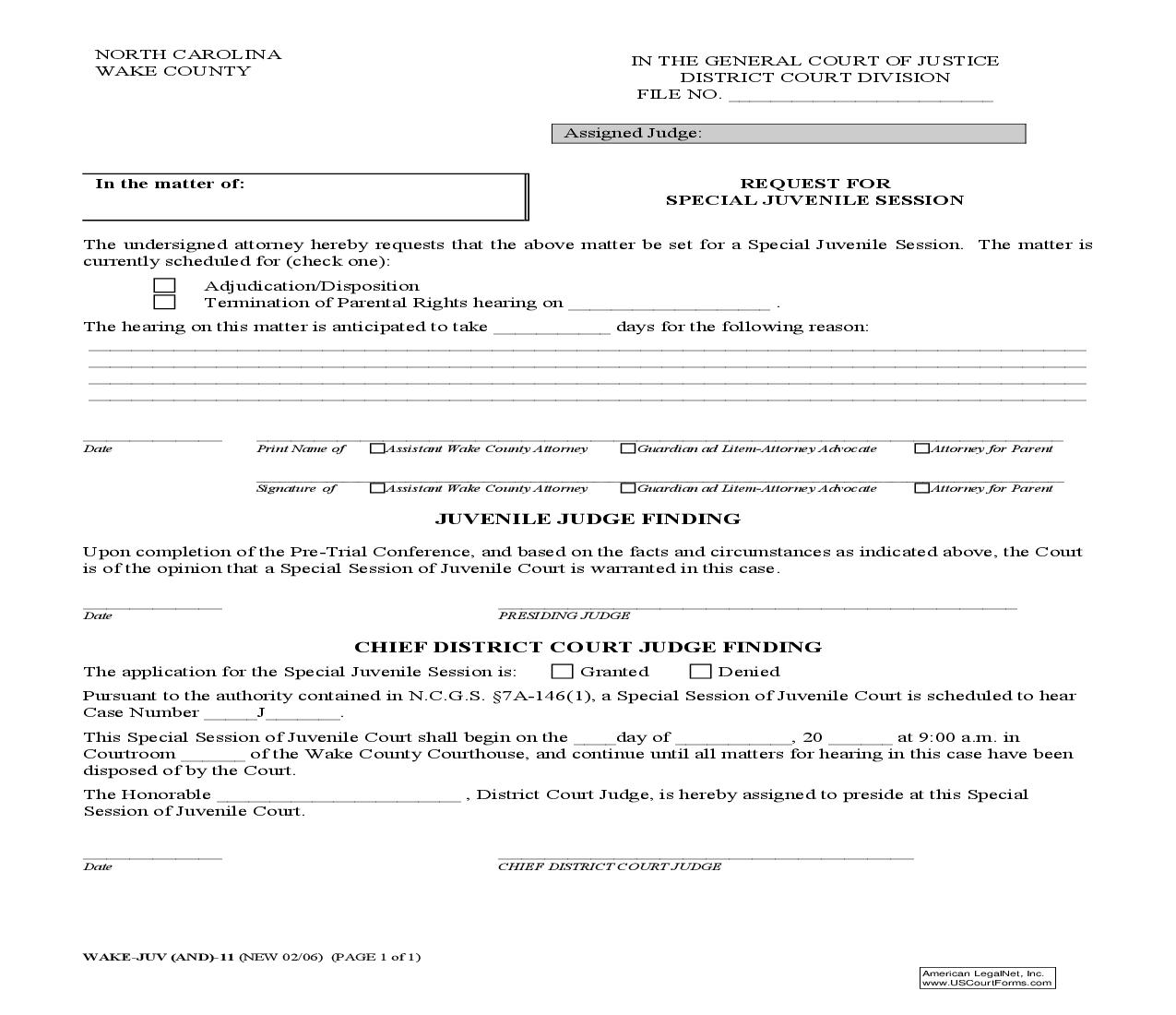 Request For Special Juvenile Session {WAKE-JUV-11} | Pdf Fpdf Doc Docx | North Carolina