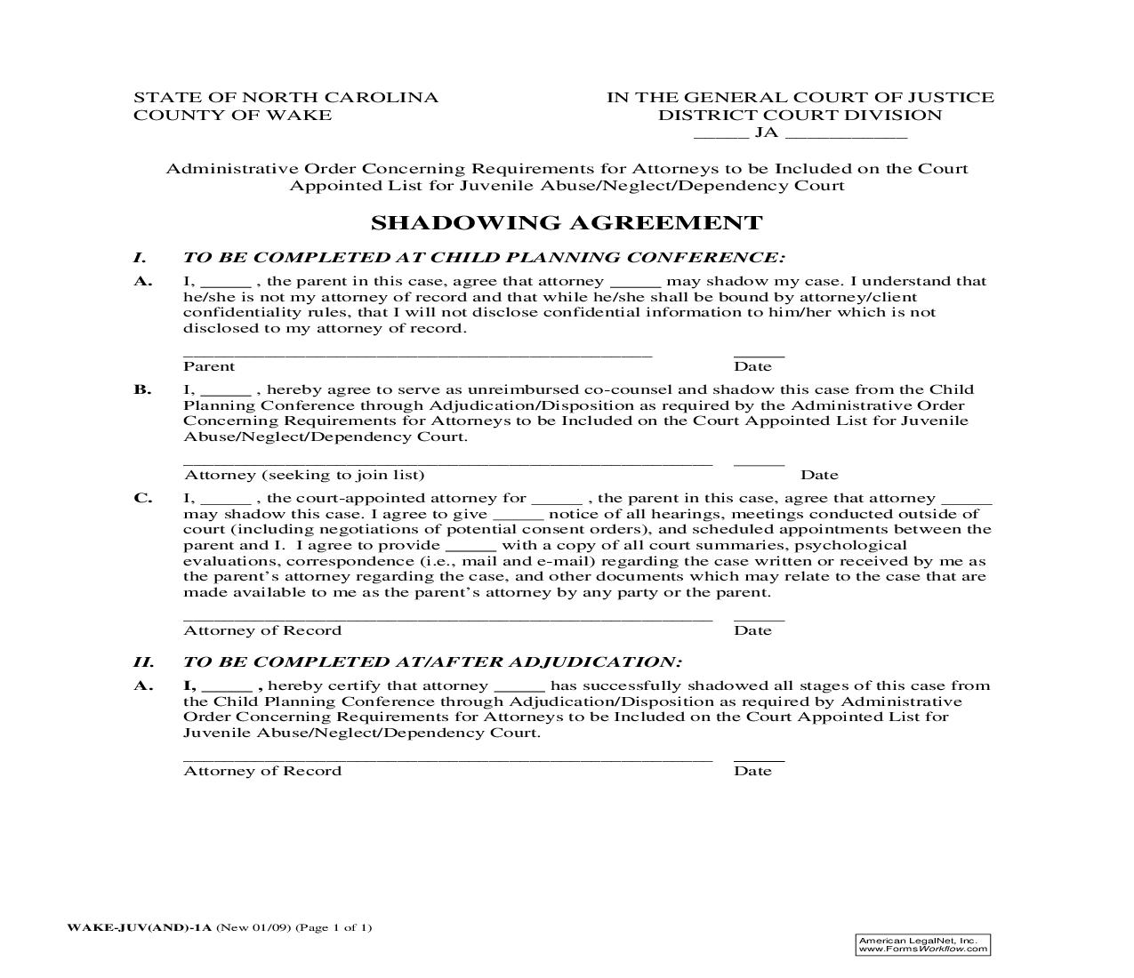 Shadowing Agreement {WAKE-JUV-1A} | Pdf Fpdf Doc Docx | North Carolina
