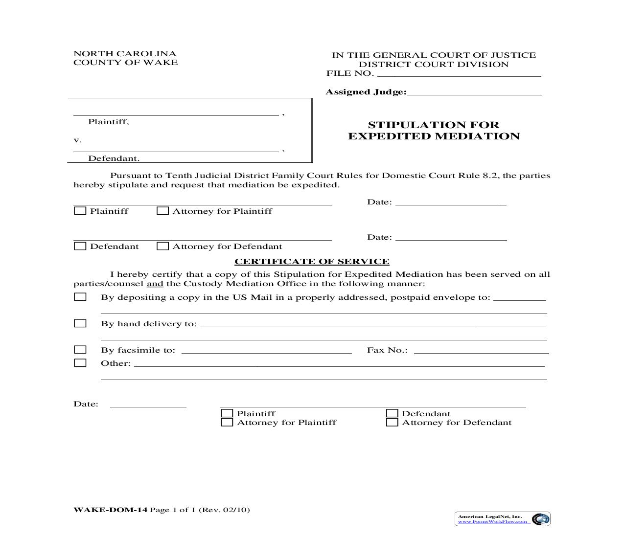 Stipulation For Expedited Mediation {WAKE-DOM-14} | Pdf Fpdf Doc Docx | North Carolina