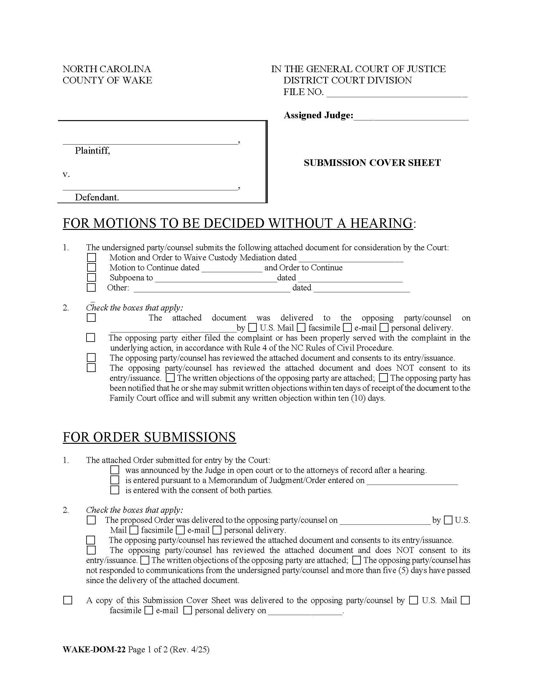 Submission Cover Sheet {WAKE-DOM-22} | Pdf Fpdf Doc Docx | North Carolina