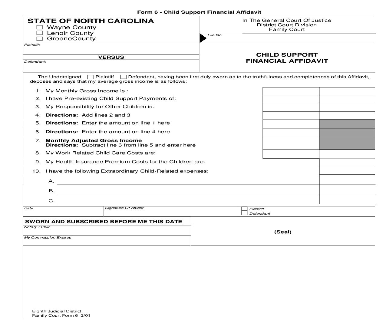 Child Support Financial Affidavit {6} | Pdf Fpdf Doc Docx | North Carolina
