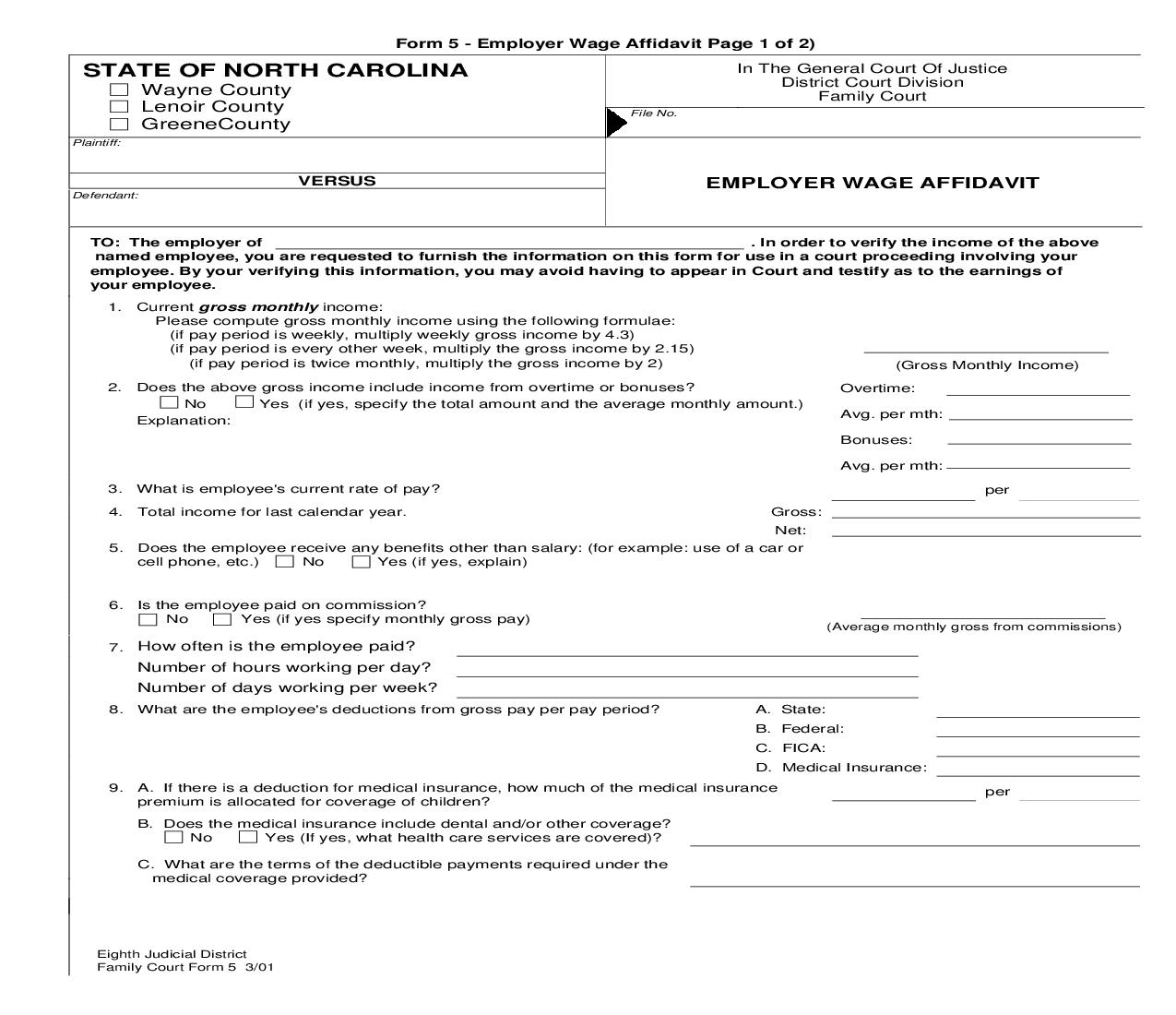 Employer Wage Affidavit {5} | Pdf Fpdf Doc Docx | North Carolina