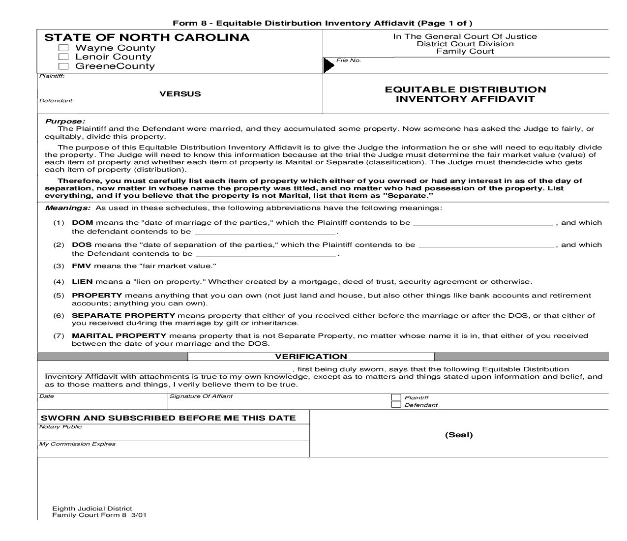 Equitable Distribution Inventory Affidavit {8} | Pdf Fpdf Doc Docx | North Carolina