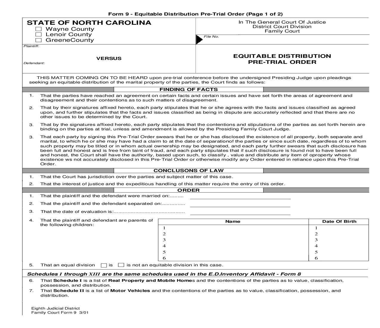 Equitable Distribution Pretrial Order {9} | Pdf Fpdf Doc Docx | North Carolina