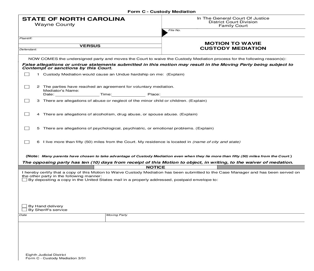 Motion To Waive Custody Mediation {C} | Pdf Fpdf Doc Docx | North Carolina