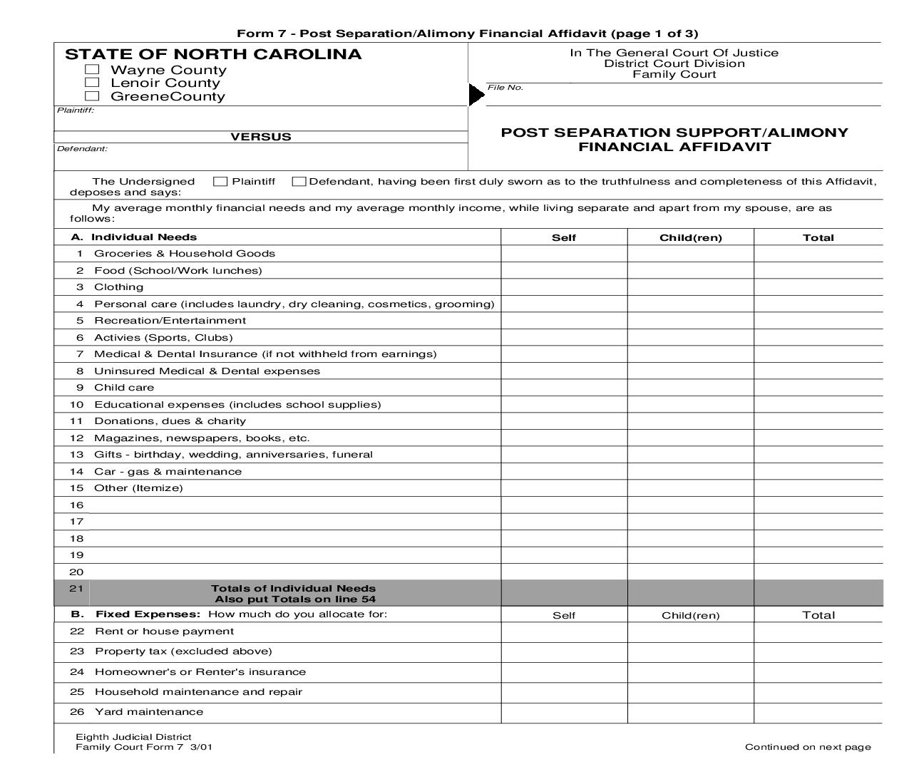 Post Separation Support Alimony Financial Affidavit {7} | Pdf Fpdf Doc Docx | North Carolina