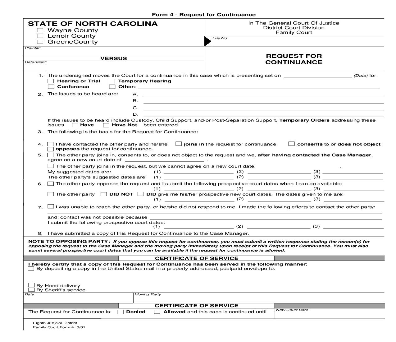 Request For Continuance {4} | Pdf Fpdf Doc Docx | North Carolina