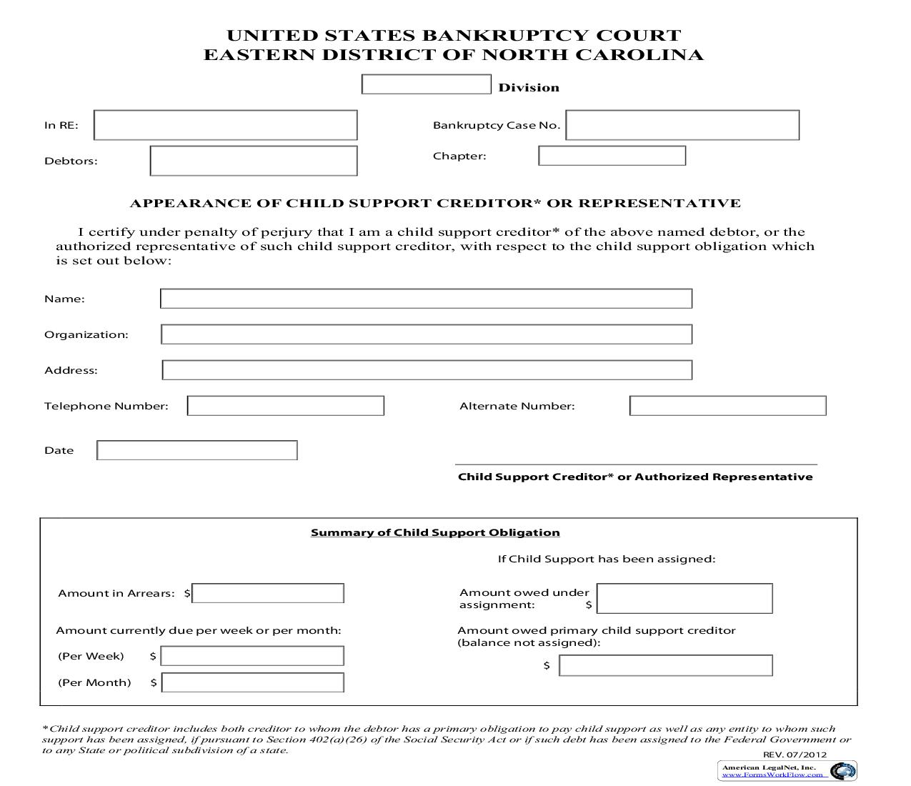 Appearance Of Child Support Creditor Or Representative | Pdf Fpdf Doc Docx | North Carolina