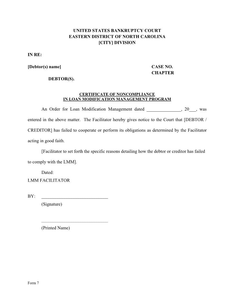 Certificate Of Noncompliance In Loan Modification Management Program {7} | Pdf Fpdf Docx | North Carolina