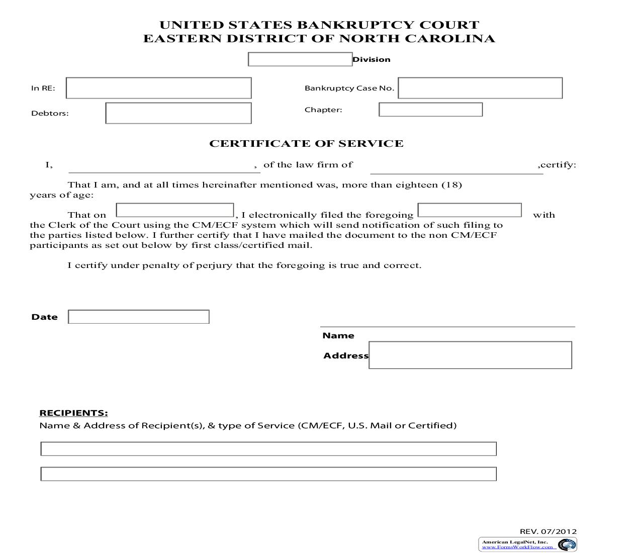 Certificate Of Service | Pdf Fpdf Doc Docx | North Carolina