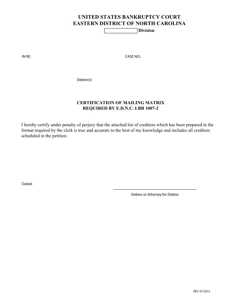 Certification Of Mailing Matrix Required By EDNC LBR 1007-2 | Pdf Fpdf Doc Docx | North Carolina