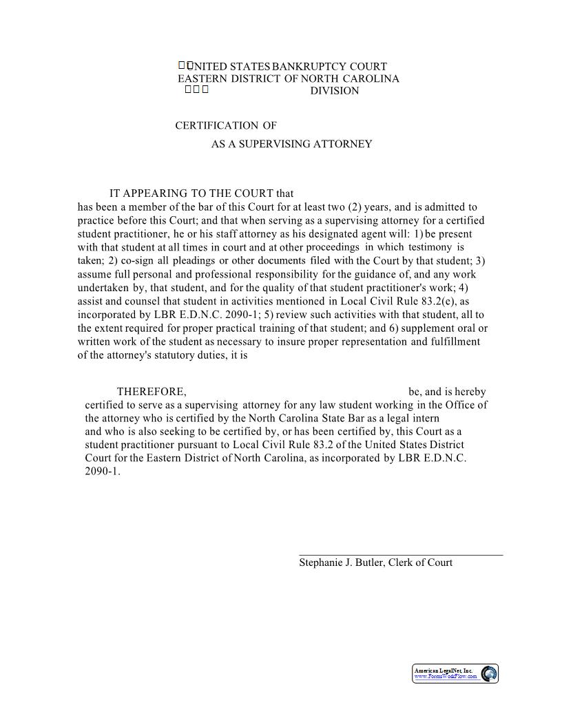 Certification Of Supervising Attorney | Pdf Fpdf Docx | North Carolina