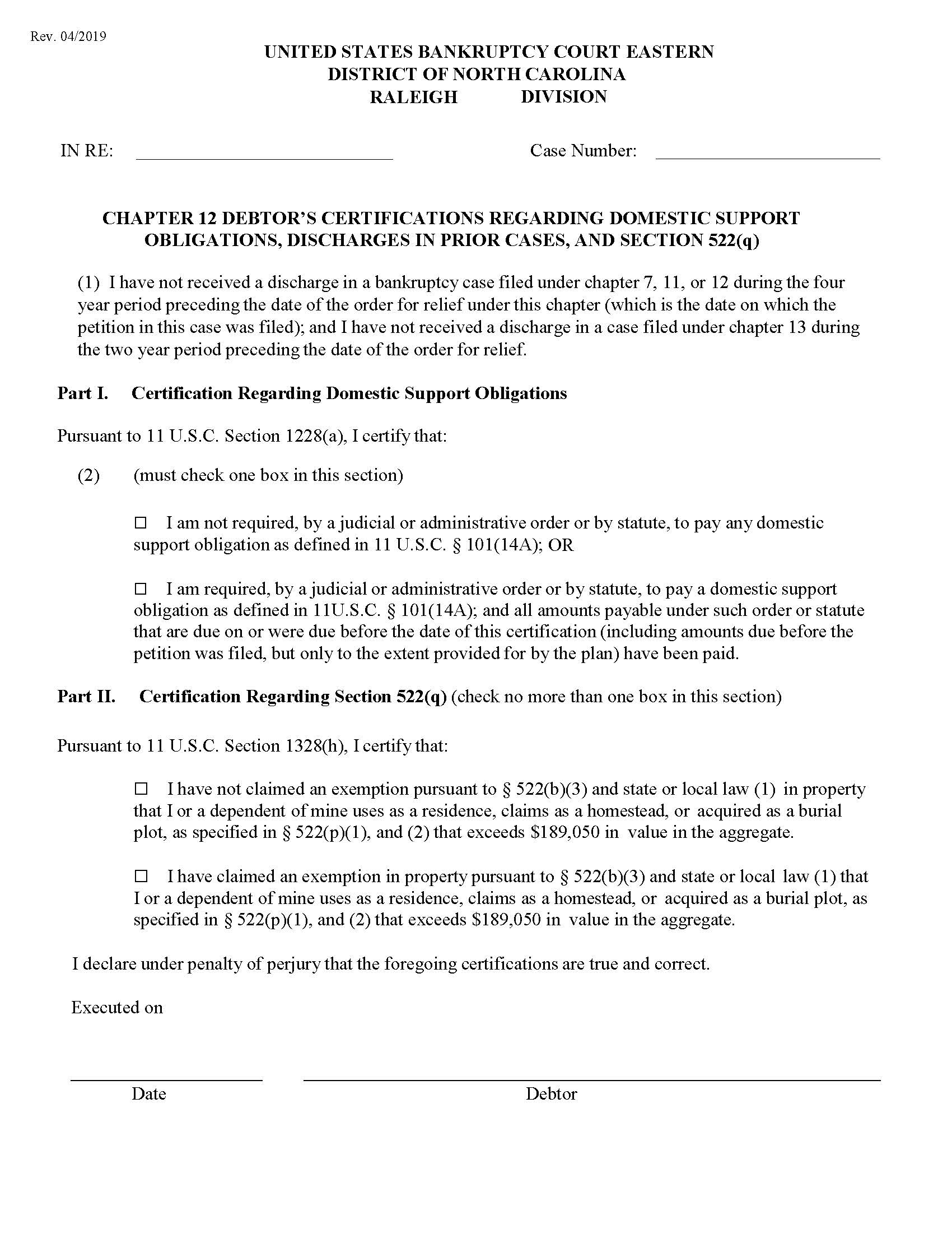 Chapter 12 Debtors Certifications | Pdf Fpdf Docx | North Carolina