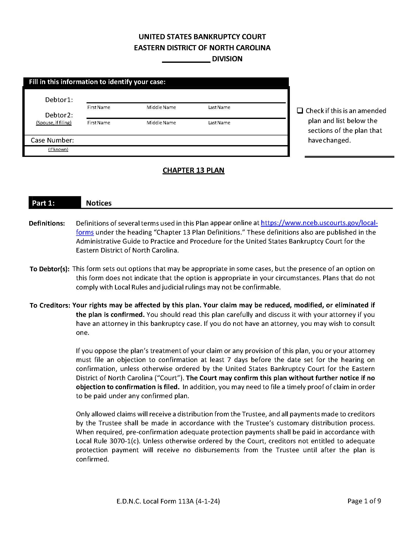 Chapter 13 Plan | Pdf Fpdf Docx | North Carolina
