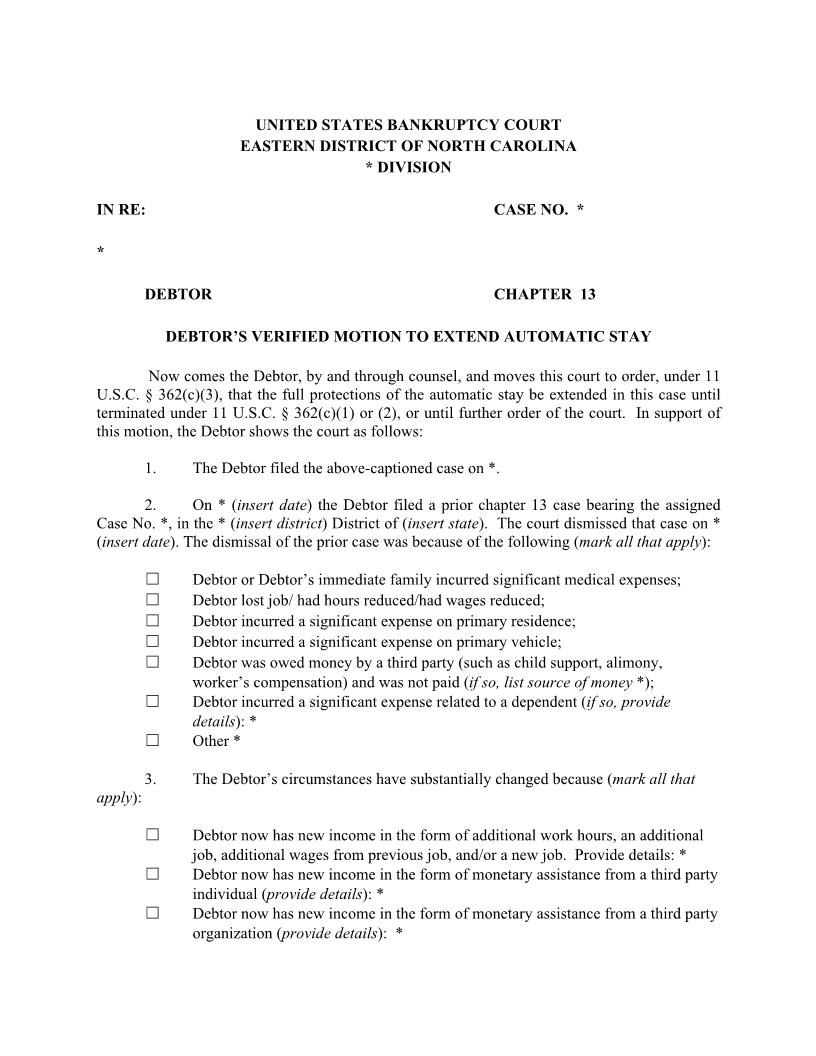Debtors Verified Motion To Extend Automatic Stay | Pdf Fpdf Docx | North Carolina