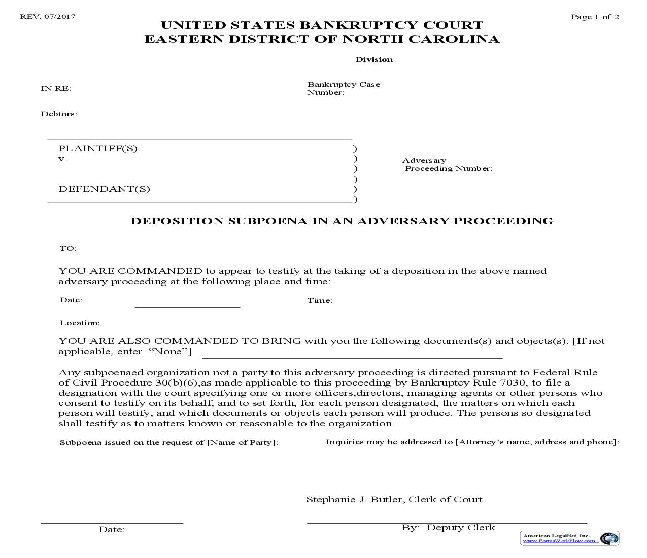 Deposition Subpoena In An Adversary Proceeding | Pdf Fpdf Doc Docx | North Carolina