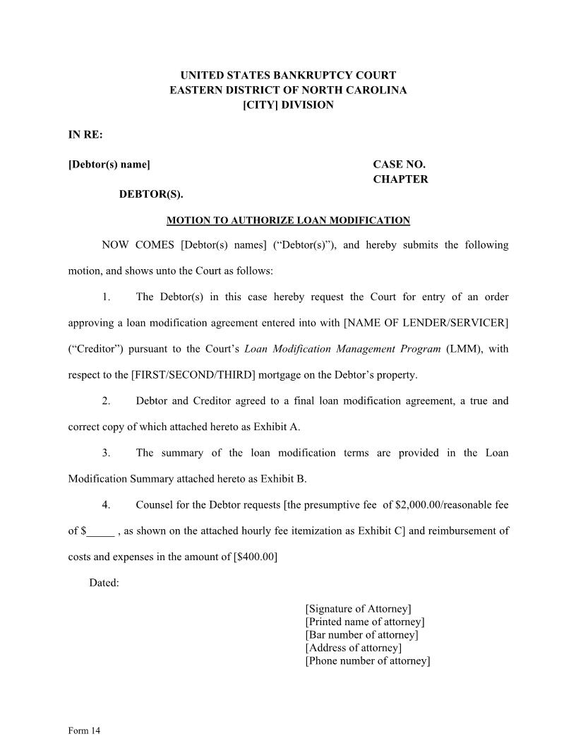 Motion To Authorize Loan Modification Agreement {14} | Pdf Fpdf Docx | North Carolina