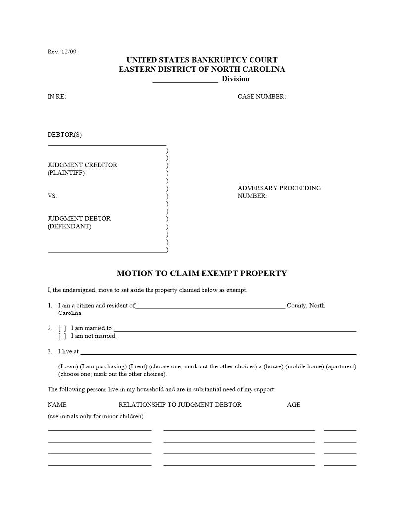 Motion To Claim Exempt Property | Pdf Fpdf Docx | North Carolina