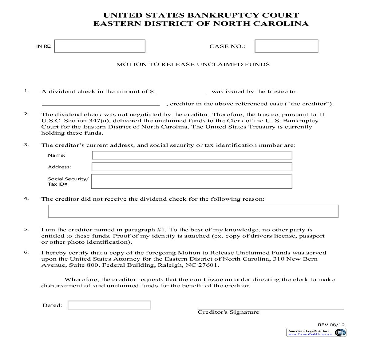 Motion To Release Unclaimed Funds | Pdf Fpdf Doc Docx | North Carolina