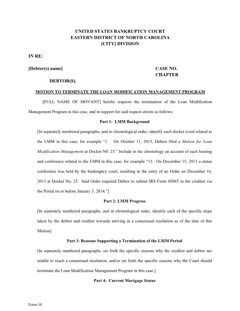 Motion To Terminate The Loan Modification Management Program {10} | Pdf Fpdf Docx | North Carolina