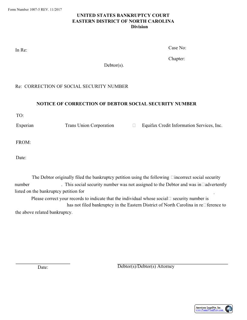 Notice Of Correction Of Debtor Social Security Number {1007-5} | Pdf Fpdf Docx | North Carolina