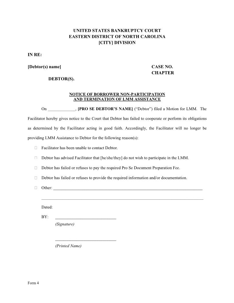 Notice Of Non-Participation And Termination Of LMM Assistance {4} | Pdf Fpdf Docx | North Carolina