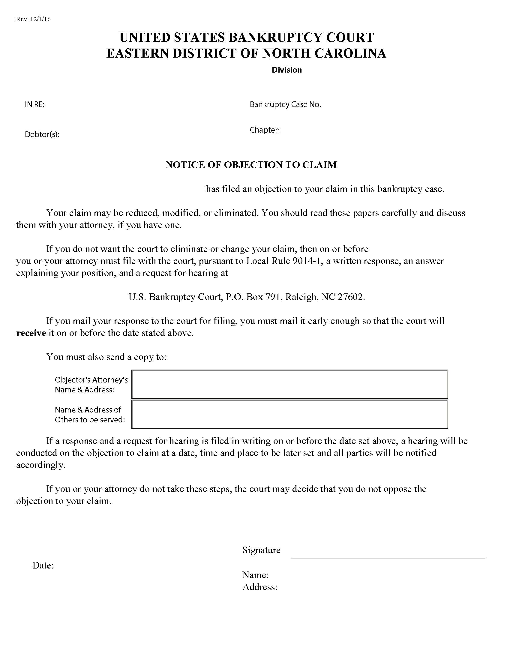 Notice Of Objection To Claim | Pdf Fpdf Doc Docx | North Carolina