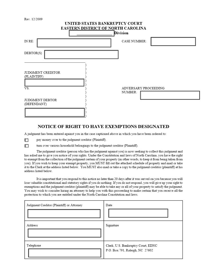 Notice Of Right To Have Exemptions Designated | Pdf Fpdf Doc Docx | North Carolina