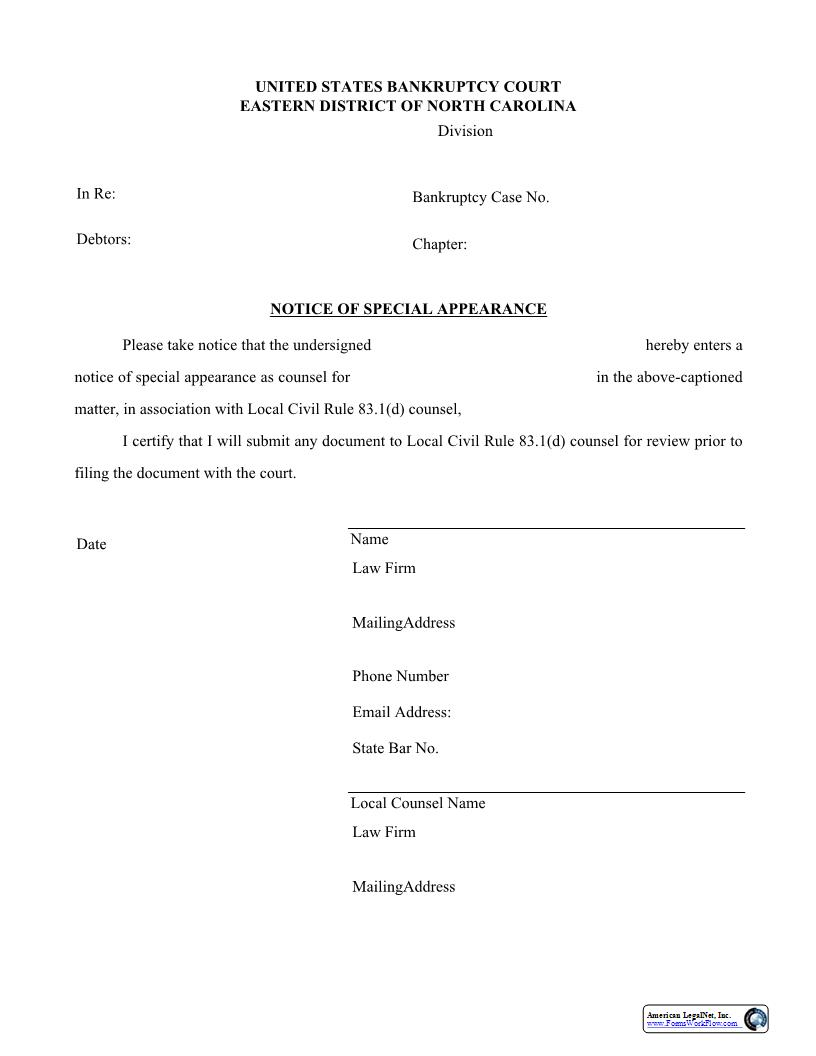 Notice Of Special Appearance | Pdf Fpdf Docx | North Carolina
