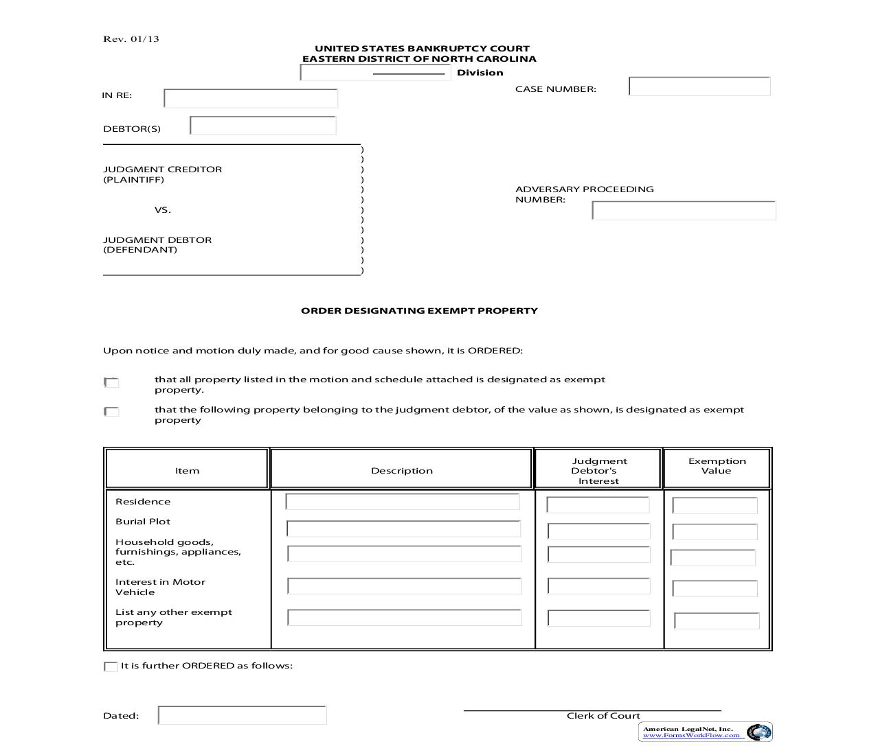 Order Designating Exempt Property | Pdf Fpdf Doc Docx | North Carolina