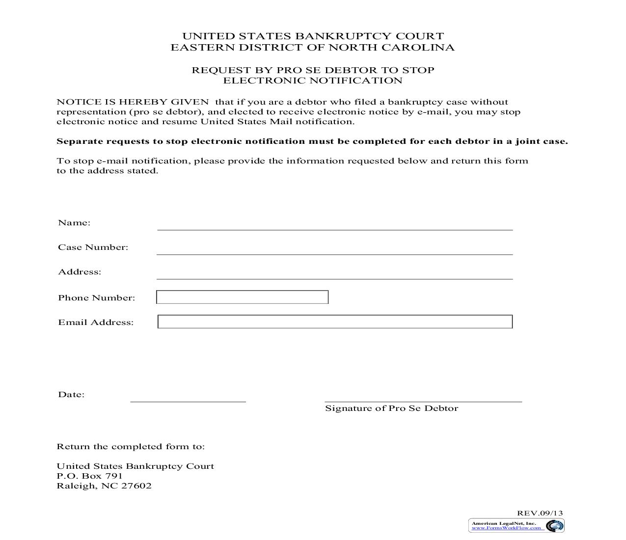 Request By Pro Se Debtor To Stop Electronic Notification | Pdf Fpdf Doc Docx | North Carolina