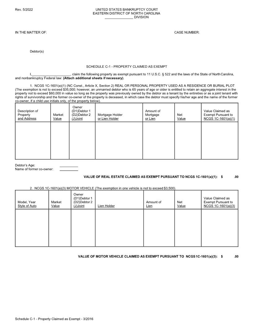 Schedule C-1 Property Claimed As Exempt After Jan. 1 2006 | Pdf Fpdf Doc Docx | North Carolina