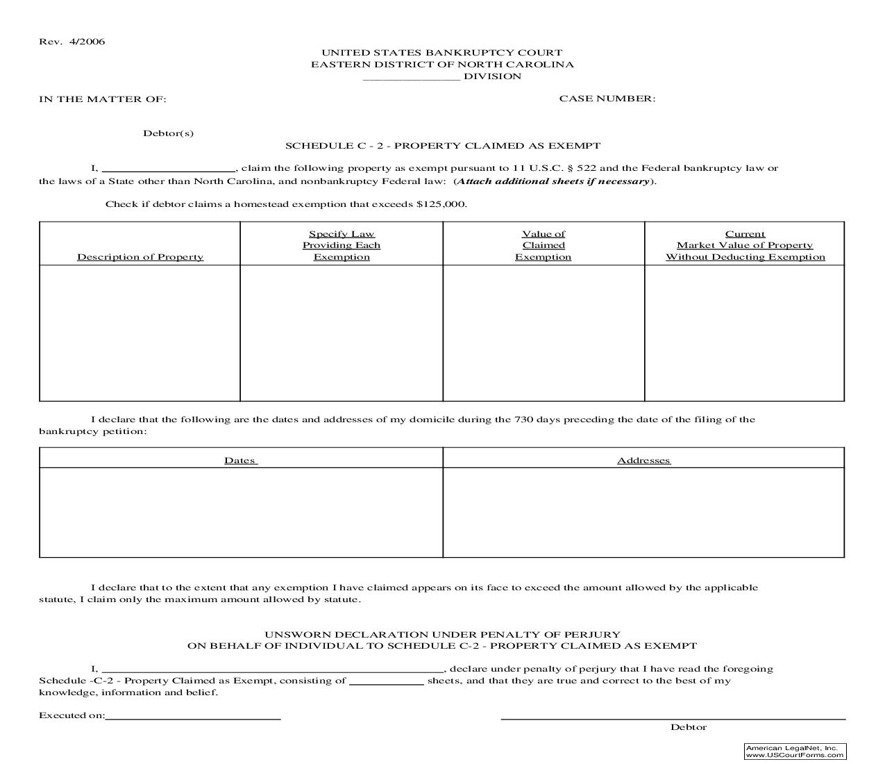 Schedule C-2 Property Claimed As Exempt  Other Jurisdictions | Pdf Fpdf Doc Docx | North Carolina