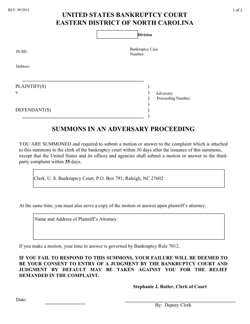 Summons In An Adversary Proceeding | Pdf Fpdf Doc Docx | North Carolina