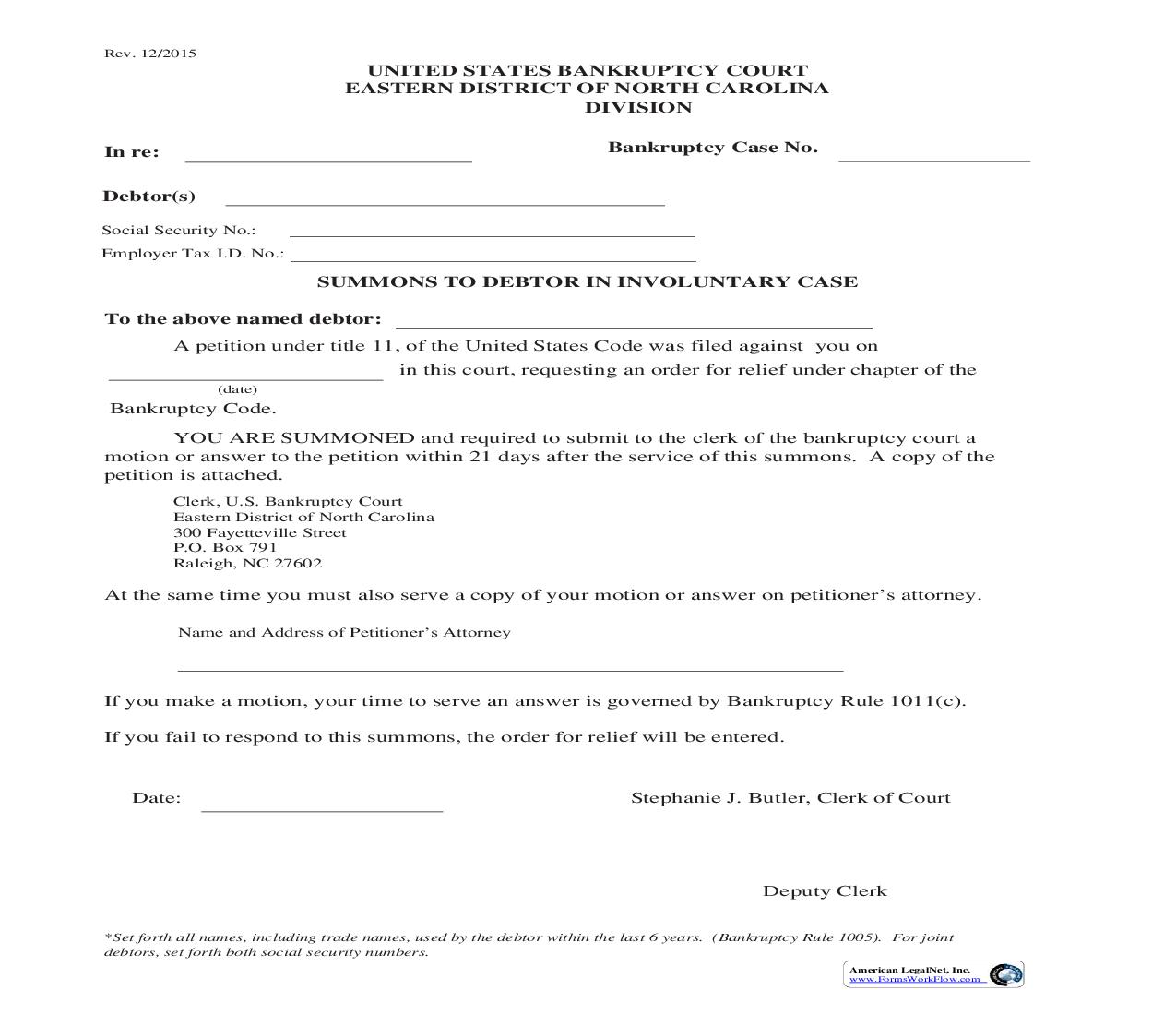 Summons To Debtor In Involuntary Case | Pdf Fpdf Doc Docx | North Carolina