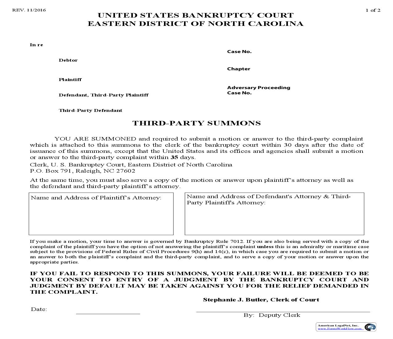 Third Party Summons | Pdf Fpdf Doc Docx | North Carolina