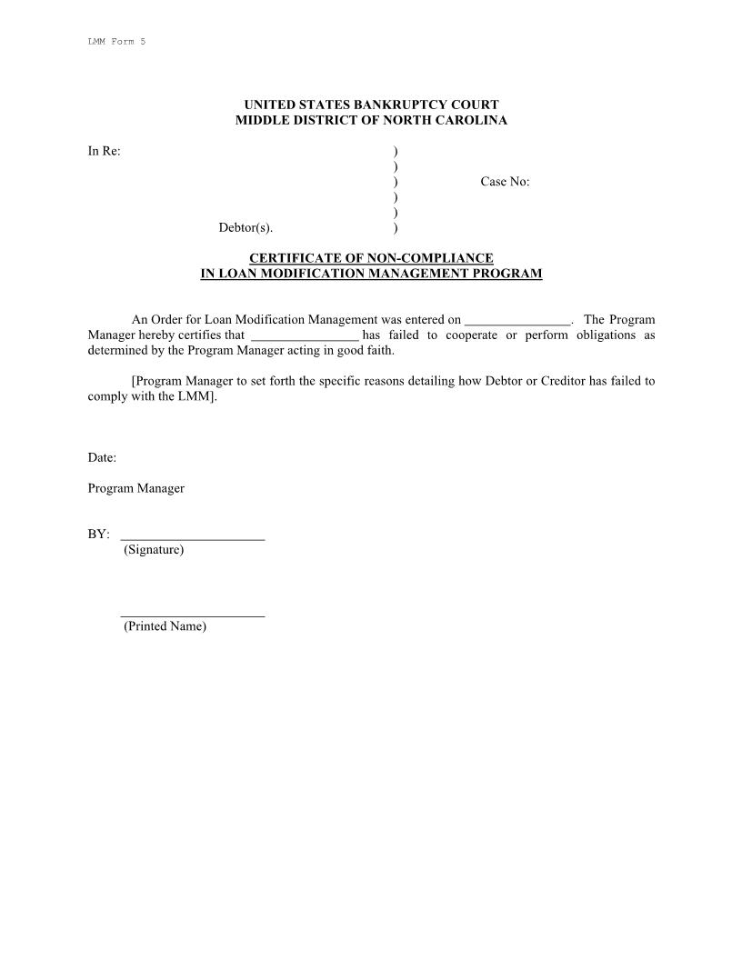 Certificate Of Non Compliance In Loan Modification Management Program {LMM 5} | Pdf Fpdf Docx | North Carolina