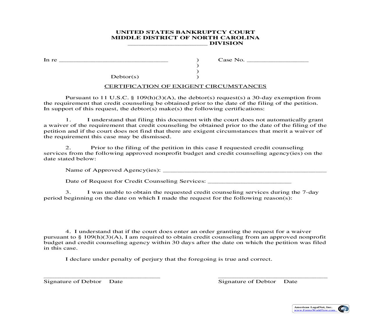 Certification Of Exigent Circumstances | Pdf Fpdf Doc Docx | North Carolina