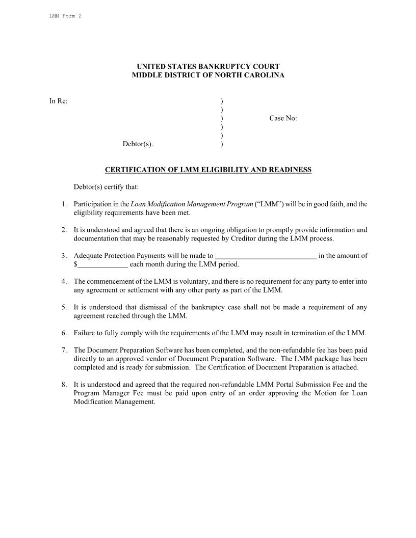 Certification Of LMM Eligibility And Readiness {LMM 2} | Pdf Fpdf Docx | North Carolina