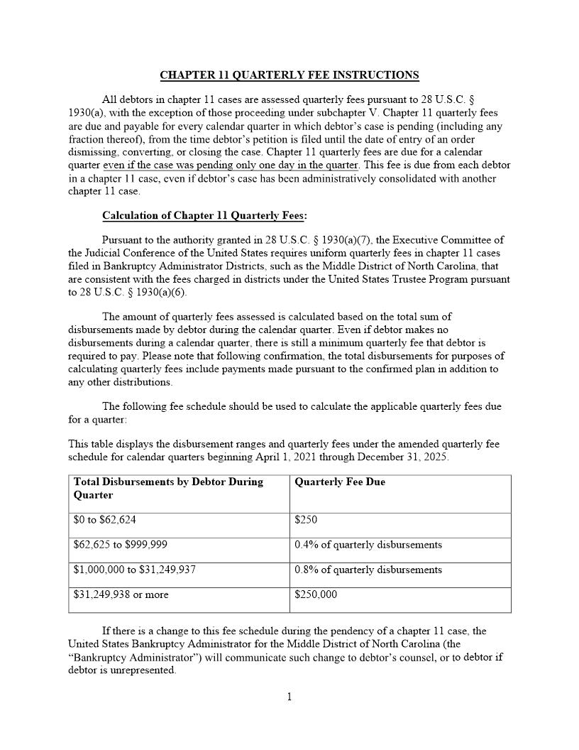 Chapter 11 Quarterly Fee Statement | Pdf Fpdf Doc Docx | North Carolina