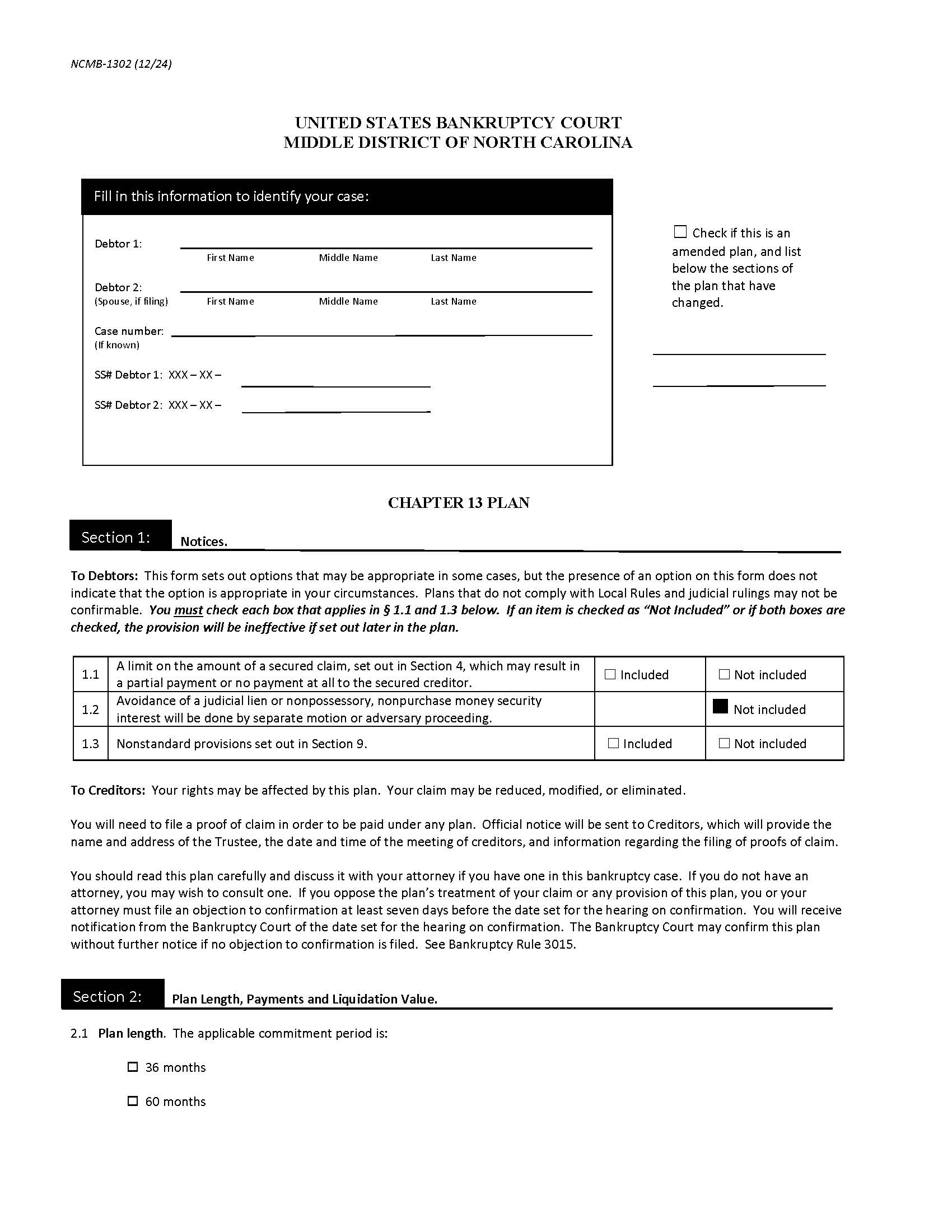 Chapter 13 Plan {NCMB-1302} | Pdf Fpdf Docx | North Carolina