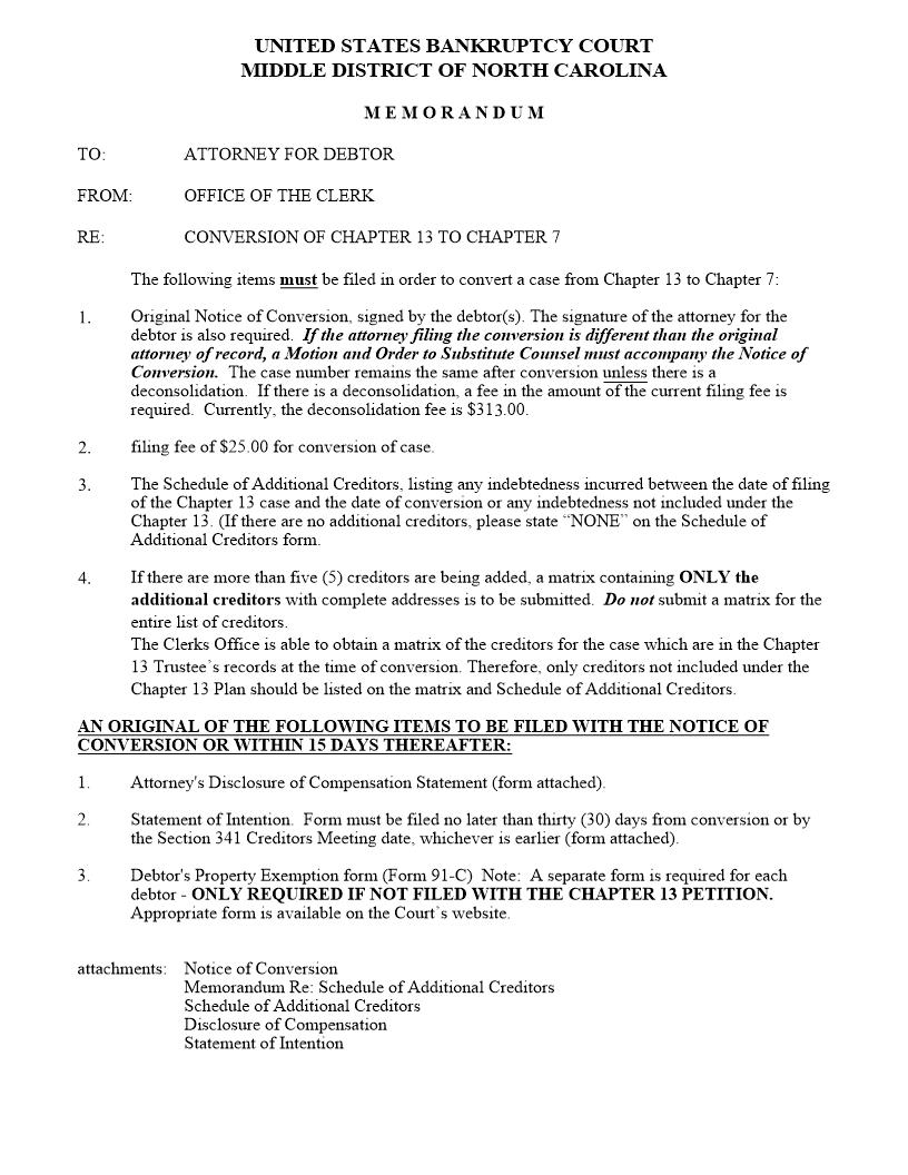 Conversion From Chapter 13 To Chapter 7 Forms And Information | Pdf Fpdf Doc Docx | North Carolina
