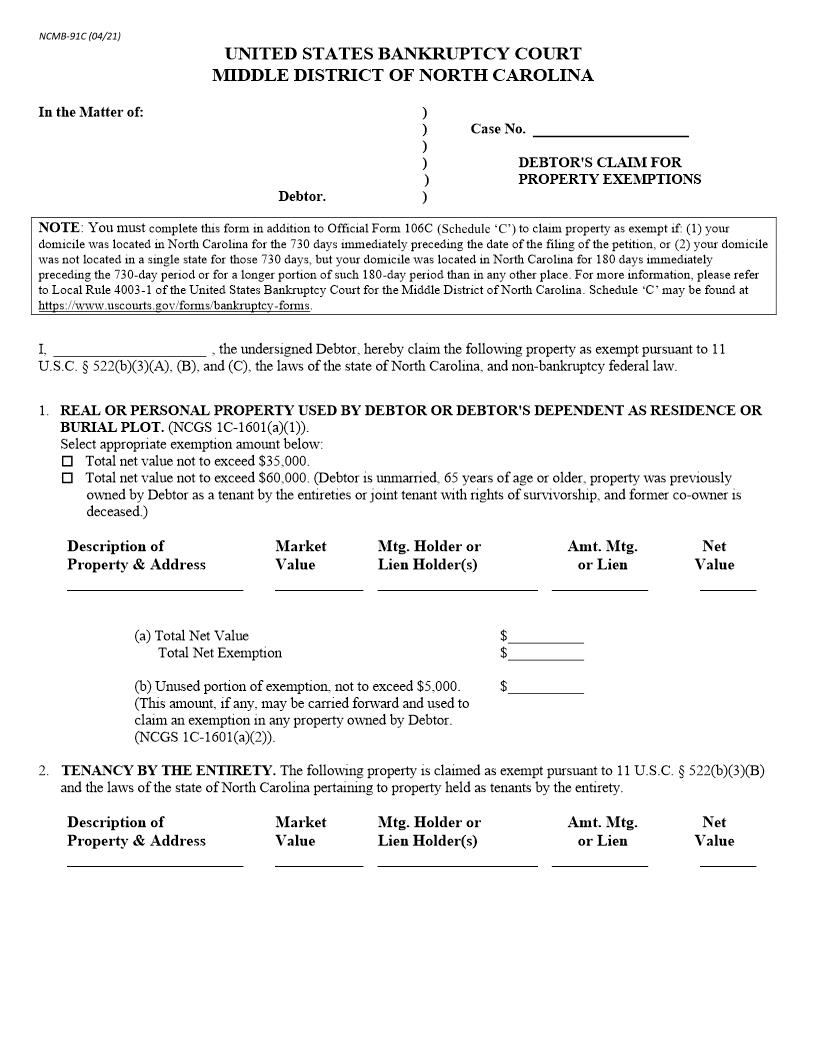 Debtors Claim For Property Exemptions {91C} | Pdf Fpdf Doc Docx | North Carolina