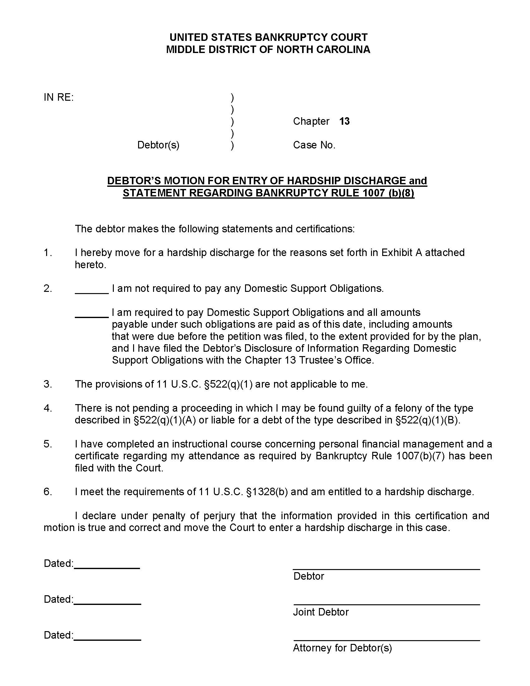 Debtors Motion For Entry Of Hardship Discharge And Statement Regarding Bankruptcy Rule 1007(b)(8) | Pdf Fpdf Doc Docx | North Carolina