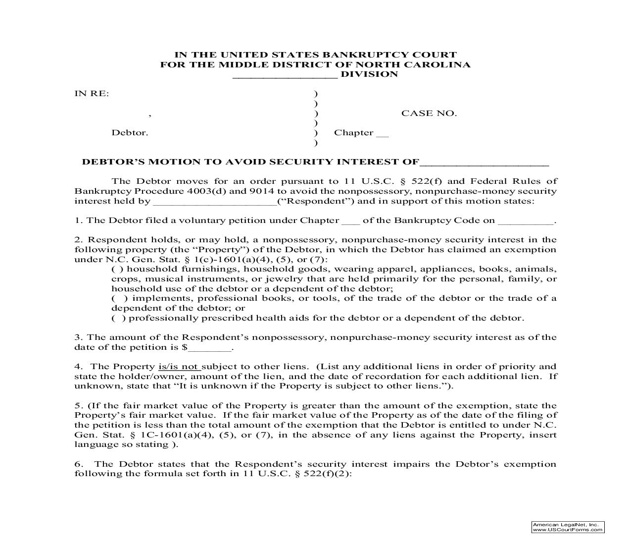 Debtors Motion To Avoid Security Interest Of | Pdf Fpdf Doc Docx | North Carolina