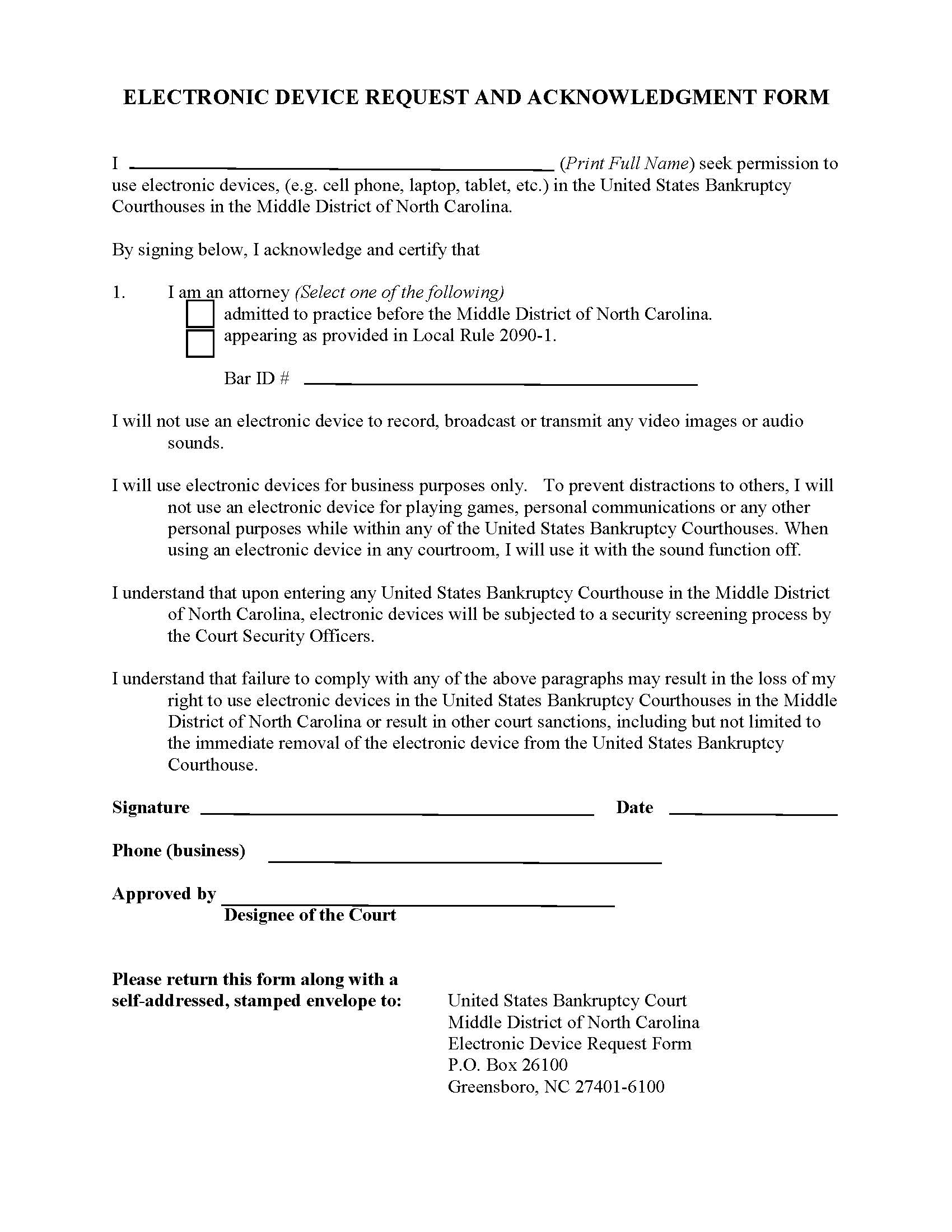 Electronic Device Request And Acknowledgment Form | Pdf Fpdf Doc Docx | North Carolina