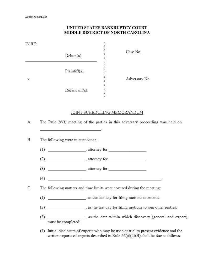 Joint Scheduling Memorandum (Adversary) {NCMB-223} | Pdf Fpdf Docx | North Carolina