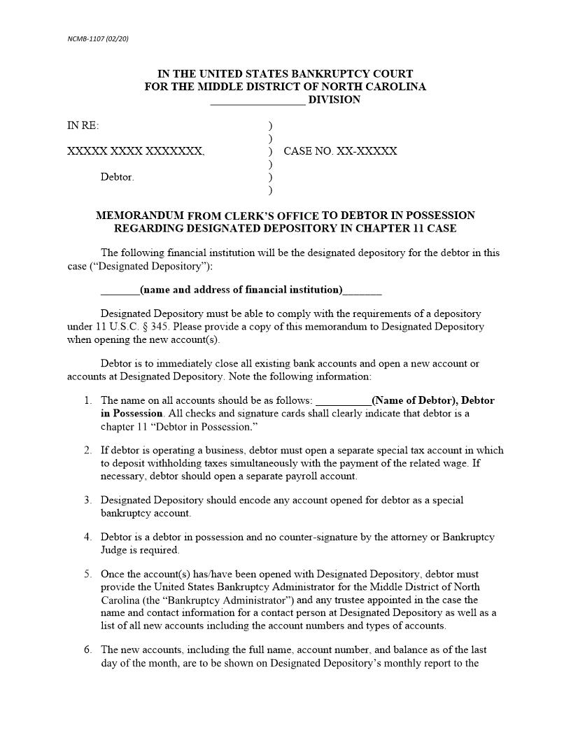 Memorandum To Debtor Regardig Designated Depository {NCMB-1107} | Pdf Fpdf Docx | North Carolina