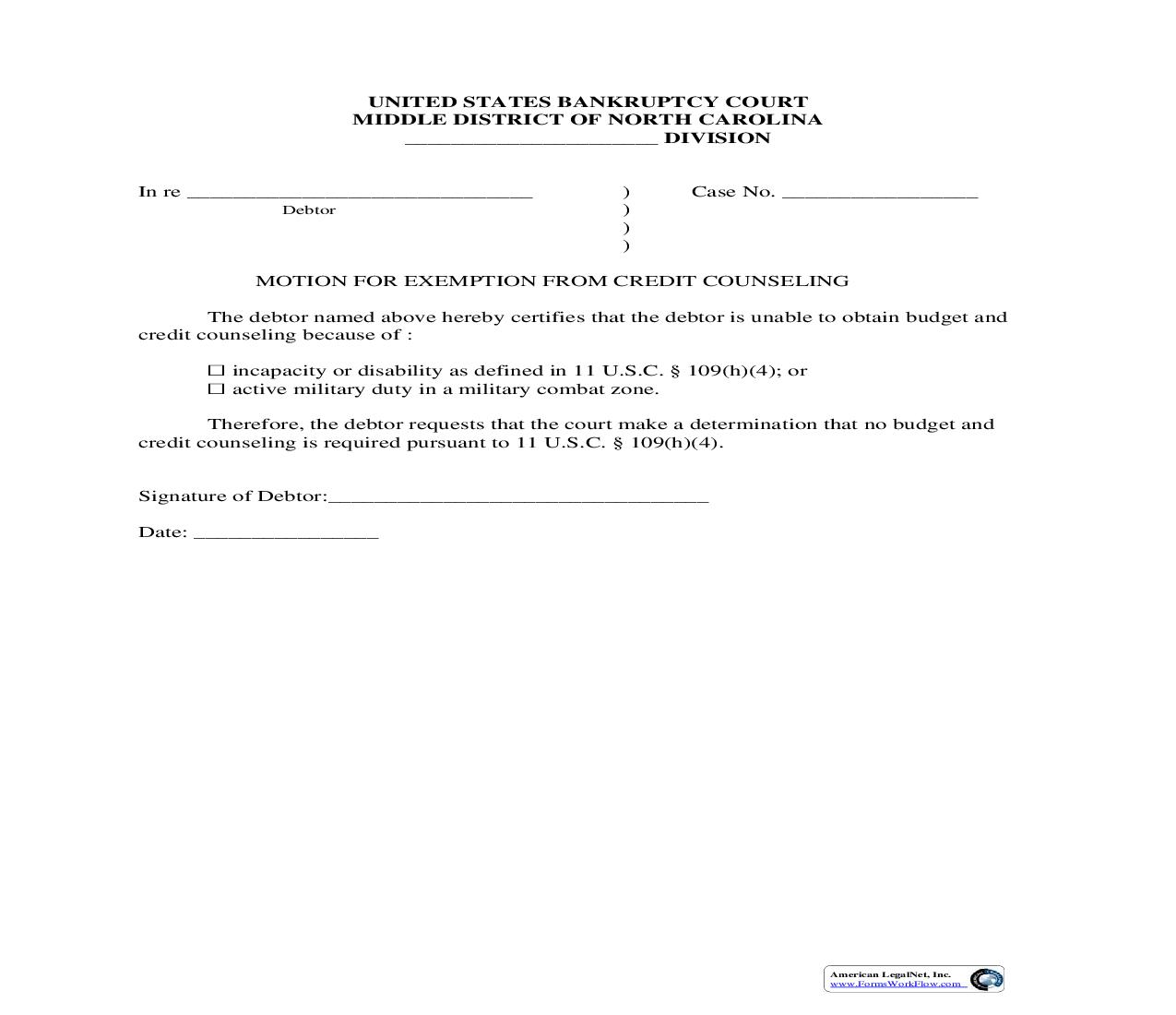 Motion For Exemption From Credit Counseling | Pdf Fpdf Doc Docx | North Carolina